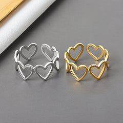 925 Sterling Silver Geometric heart hollowout Adjustable Ring Minimalist
