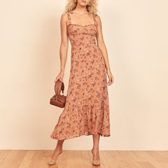 Dresses Elegant Vintage Floral Dress Frill Sweetheart Neck