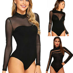 Fashion Trend Mesh Sheer Bodysuit Long Sleeve Leotard Tops