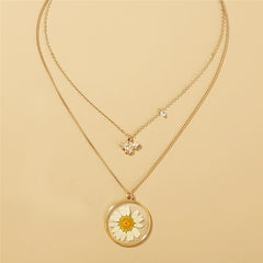 Double Layers Daisy Bee Pendant Dried Flower Resin Collar Lovely Tiny Honey Necklace