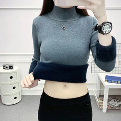 Turtleneck Slim Thicken Knitted Pullovers Plus Velvet Sweater Casual