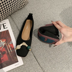 Women Flats Ballet Shoes Breathable Knitted Square Toe Moccasins