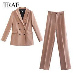 Women Jacket Double Breasted Notched Blazer Office Suit Pantsuit