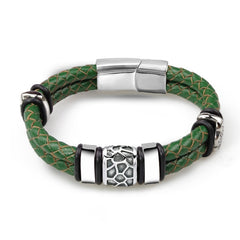 Stainless Steel Irregularly Cracked Bead Bracelet Genuine Braided Leather Male Bracelets