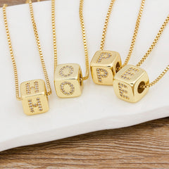 A-Z Initials Micro Pave Copper CZ Cube Letter Pendant Necklaces