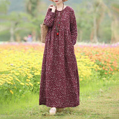 Vintage Women Printed Dress Sundress Casual Long Sleeve Maxi