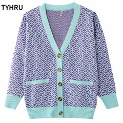 Knitting Sweater Color Matching Diamond Lattice Single-Breasted Loose Casual Knitted Cardigan