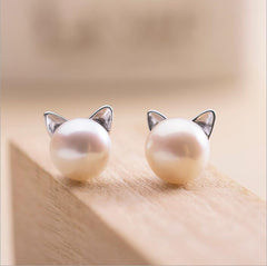 Fashion Jewelry Silver Color Small Pearl Cat Stud Earrings