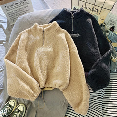 Women Hoodie Lamb Wool Short Half High Collar Sweatshirt