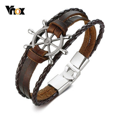 Vintage Rudder Charm Bracelet for Men Multi-layer Leather Rope Bracelets