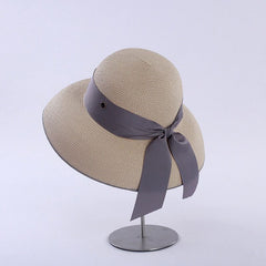 Retro French Hepburn Straw Hat Bow Seaside Big Brim Sun Protection Shade