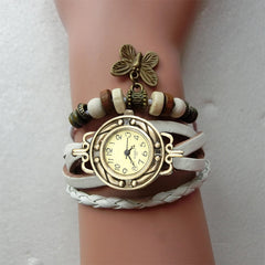Women Retro Bracelet Wrist Watch Weave Wrap Faux Leather Butterfly