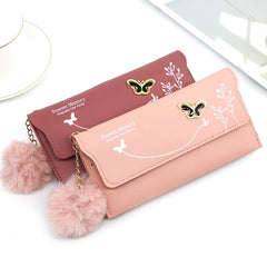 Long Wallets Pure Color Wool Ball Bow Clutch Bag