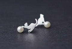 Fashion Jewelry Silver Color Small Pearl Cat Stud Earrings