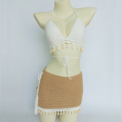 3pcs Bikini Set Woman Crochet Shell Tassel Bikini Top And Seashell Ankle Chain