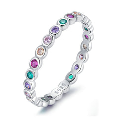 Silver Fashion Rainbow Round Rings Dazzling Zircon Heart Finger Rings