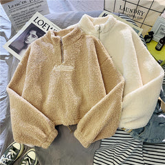 Women Hoodie Lamb Wool Short Half High Collar Sweatshirt