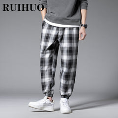 Ankle-Length Plaid Harem Pants Men Clothing Joggers Men Pants Trousers