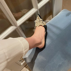 Shoes Elegant Beaded Crystal Lace Patchwork One Pedal Stiletto Slippers