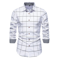 Plaid Patchwork Formal Shirts for Men Slim Long Sleeve White Button Up Shirt Dress