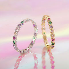 Silver Fashion Rainbow Round Rings Dazzling Zircon Heart Finger Rings