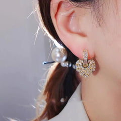 Multi Wearing Method Luxury Zircon Inlaid Peach Heart Pendant Gold Earrings