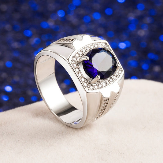 Vintage 925 Silver Men Ring Round Sapphire Gemstone