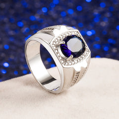 Vintage 925 Silver Men Ring Round Sapphire Gemstone