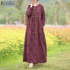 Vintage Women Printed Dress Sundress Casual Long Sleeve Maxi