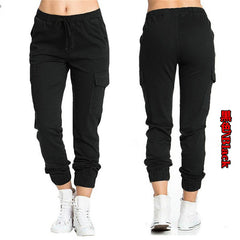 Solid Jogger Women's Cargo Pants Multi-Pocket Drawstring Elastic Waist