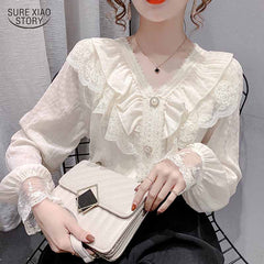 Sweet Loose Clothes Lace Up Ruffled Women Blouses Fashion Stand Collar