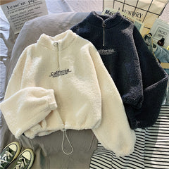 Women Hoodie Lamb Wool Short Half High Collar Sweatshirt