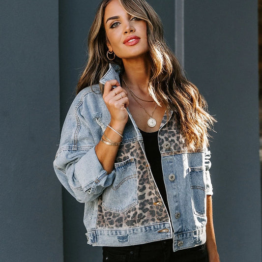 Denim Jacket Vintage Coat Long Sleeve Breasted Leopard-Print Casual Jean