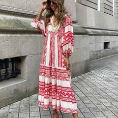 Fashion Half Sleeve Women Loose Dress Casual Printed Vintage Long Dresses