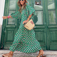 Fashion Half Sleeve Women Loose Dress Casual Printed Vintage Long Dresses