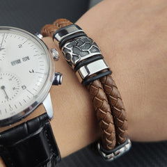 Stainless Steel Irregularly Cracked Bead Bracelet Genuine Braided Leather Male Bracelets