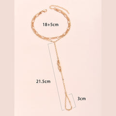 Simple Heart Pendant Chain Link Connected Gold Metal Wide Finger Ring Bracelets