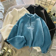Women Hoodie Lamb Wool Short Half High Collar Sweatshirt
