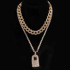 Hip Hop Bling Lock Pendant Choker Iced Out Shiny Cubic Zircon Necklace