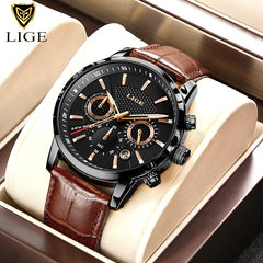 Mens Watches LIGE Top Brand Luxury Leather Casual Quartz Watch