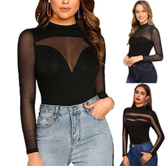 Fashion Trend Mesh Sheer Bodysuit Long Sleeve Leotard Tops