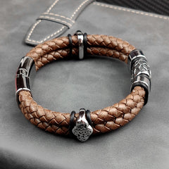 Stainless Steel Irregularly Cracked Bead Bracelet Genuine Braided Leather Male Bracelets