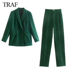 Women Jacket Double Breasted Notched Blazer Office Suit Pantsuit