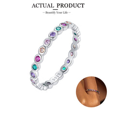 Silver Fashion Rainbow Round Rings Dazzling Zircon Heart Finger Rings