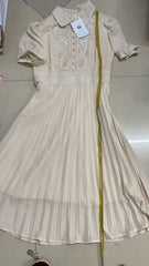 Vintage Embroidered Pleated Dress Women Chic Sweet Short Sleeve