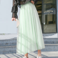 Vintage Tulle Skirt Women Elastic High Waist Mesh Skirts Long Pleated Tutu