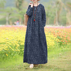 Vintage Women Printed Dress Sundress Casual Long Sleeve Maxi