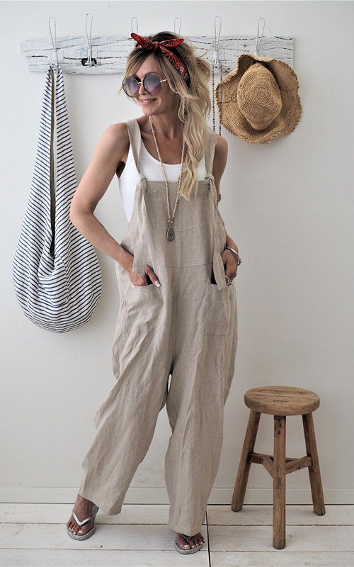 Casual Loose Solid Pockets Jumpsuit Overalls Wide Leg Cropped Pants