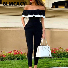 Women Off Shoulder Color block Ruffles Bodycon Jumpsuit Streetwear