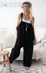 Casual Loose Solid Pockets Jumpsuit Overalls Wide Leg Cropped Pants